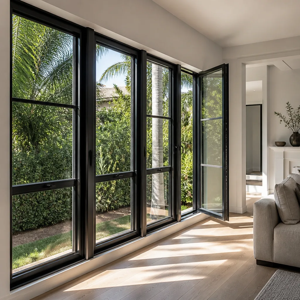 Modern black-framed casement windows installed in a bright living room